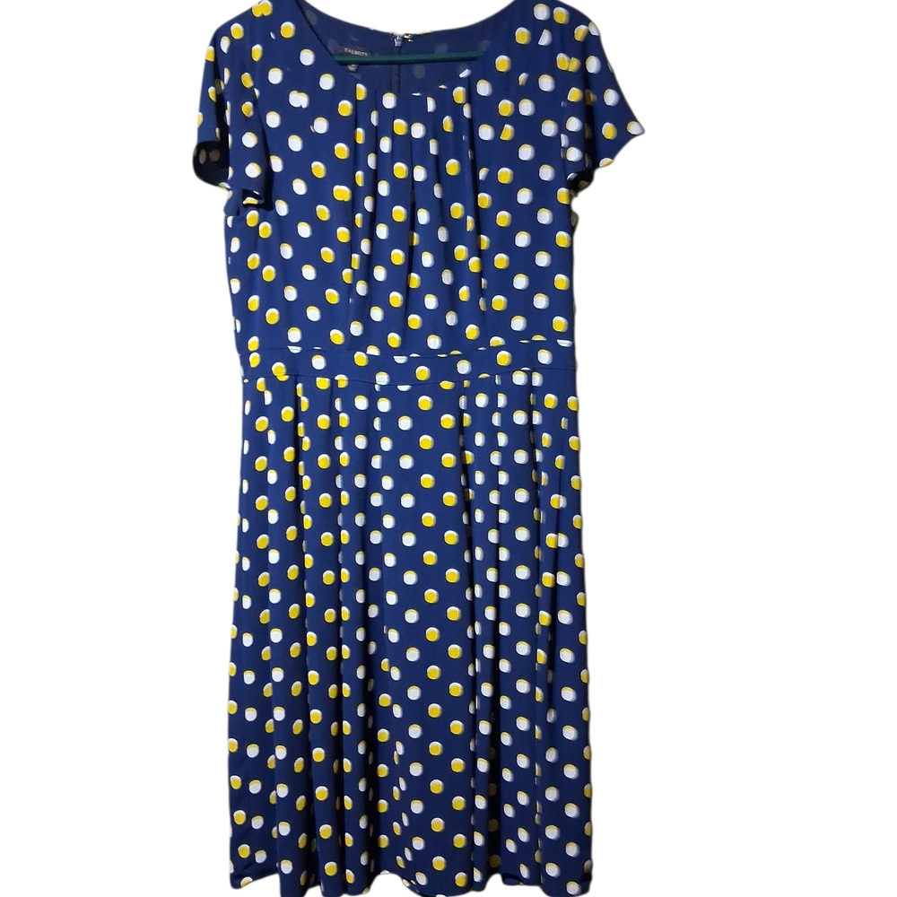 Talbots Size 12 Polka Dot Blue Dress With Cap Sleeves Knee Length